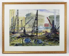 Construction of Prudential Center by Charles Demetropoulos, watercolor, sold Aug 2022