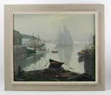 harbor scene by Charles Stepule, oil on canvas, sold Aug 2022