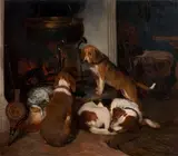 Dogs by the fireside by Alfred Duke, oil on canvas, sold Nov 2014