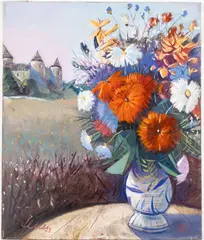 Vase of Flower with Castle by Charles Levier, Oil on Canvas, sold Oct 2025