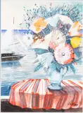 Floral Still Life with Sail Boat by Charles Levier, Watercolor, sold Oct 2025