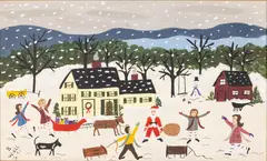 Folk Winter Scene by Barbara Wikle, Paint on Board, sold Oct 2025