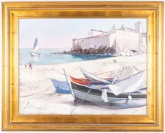 Sailboats on Beach by Charles Levier, Oil on Canvas, sold Oct 2025