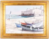 Sailboats on Beach by Charles Levier, Oil on Canvas, sold Oct 2025