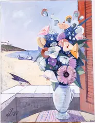 Floral Still Life with Beach by Charles Levier, Oil on Canvas, sold Oct 2025