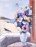 Floral Still Life with Beach by Charles Levier, Oil on Canvas, sold Oct 2025