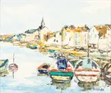 Harbor Scene by Renée Théobald, Oil on Canvas, sold Oct 2025