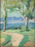 Forest Landscape by Whitney Hubbard, c. 1920s, Oil on Board, sold Oct 2025