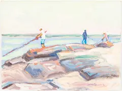 Fishermen by John Crimmins, c. 2010, Oil on Board, sold Oct 2025