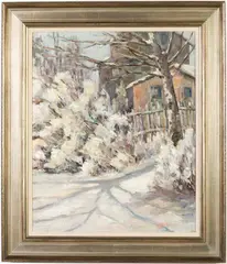 Snowy Lawn with Fence and House by B. Howard, Oil on Canvas, offered Jun 2025
