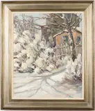 Snowy Lawn with Fence and House by B. Howard, Oil on Canvas, offered Jun 2025