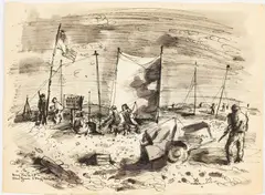 Navy Beach Command Post by Frede Vidar, 1945, Ink on Paper, offered Jun 2025