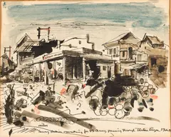 Socony Station, Philippines by Frede Vidar, Watercolor and Ink, sold Jun 2025