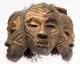 Congo, c. 1950's by Pende Triplet Mask, carved wood three headed mask with burlap and straw hair. Ceremonial mask, offered Jun 2025