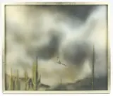 Untitled by Don Warren, acrylic on paper, the hunt, saguaro cacti, 1975, sold Sep 2026