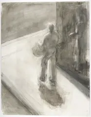 Drawing with gesso and by David Bowes, charcoal. Depicts a rendering of a figure standing on a corner of a sidewalk. Ap, offered Jun 2026