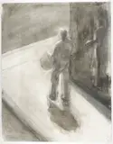 Drawing with gesso and by David Bowes, charcoal. Depicts a rendering of a figure standing on a corner of a sidewalk. Ap, offered Jun 2026