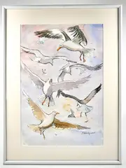 Titled “Gossiping Gulls” by Walt Stanchfield, Watercolor painting on paper. Depicts a flock of seagulls, sold Jun 2026