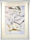 Titled “Gossiping Gulls” by Walt Stanchfield, Watercolor painting on paper. Depicts a flock of seagulls, sold Jun 2026