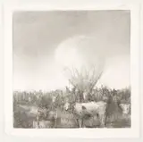 Untitled. Signed in graphite in the lower right corner. Depicts a by Robert Andriulli, graphite rendering of men managing a hot air balloon in a field with steer. Appr, sold May 2026