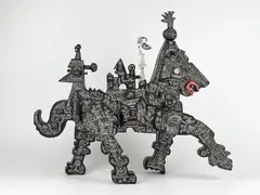 Untitled by Ynez Johnston, Carved wood sculpture by Ynez Johnston with detailed pictorial illustrations. Th, sold Mar 2026