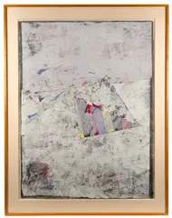 Signature in lower right corner. Geometric abstract image using by George Miyasaki, pastel color pallete. Dimensions: Visible approx. 42.5 in H x 32 in W, sold Mar 2026