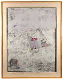Signature in lower right corner. Geometric abstract image using by George Miyasaki, pastel color pallete. Dimensions: Visible approx. 42.5 in H x 32 in W, sold Mar 2026