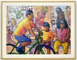 Titled La Vala, Las Manos y las Gotas de Corazones by Tony Ortega, Acrylic painting embellished with stamps, sold Mar 2026