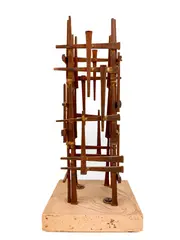 Titled Skyscraper. Engraved mark on base. Depicts a welded brutalist spiked nail abstract tower sculpture on a by David Grossman, marble base. Dimensions: Approximately 13 in H x 6 in W x 5.5 in D. Weighs appro, sold Feb 2026