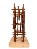 Titled Skyscraper. Engraved mark on base. Depicts a welded brutalist spiked nail abstract tower sculpture on a by David Grossman, marble base. Dimensions: Approximately 13 in H x 6 in W x 5.5 in D. Weighs appro, sold Feb 2026