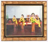Titled "Javanese Palace Dance," 1990. On gallery label "Kraton Dance Dance in the Sultan's Palace in Jocja (Central Java)." by Henry Ketting Olivier, Oil painting on canvas in bamboo motif, offered Feb 2026