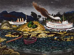 Coastal Boats Near Sidney, BC by E. J. Hughes, 1948, oil on canvas, sold May 2026