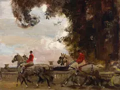 Postillions and Horses (Sketch for the Royal Carriage Leaving Windsor for Ascot) by Alfred Munnings, oil on board, sold May 2026