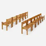 Armchairs model S340, set of twelve by Pierre Chapo, c. 1965, elm, saddle-stitched leather, sold Jun 2023