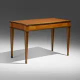 Desk by attribution Jacques Quinet, c. 1955, mahogany, leather, brass, sold Jun 2023