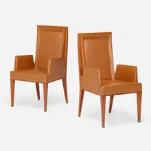 Armchairs, pair by Jacques Quinet, c. 1950, mahogany, leather upholstery, bronze, sold Jun 2023