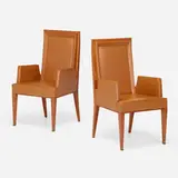 Armchairs, pair by Jacques Quinet, c. 1950, mahogany, leather upholstery, bronze, sold Jun 2023