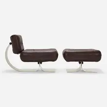 Lounge chair and ottoman by Oscar Niemeyer, 1972, leather, stainless steel, plastic, sold Jun 2023