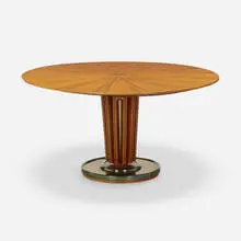 Dining table by Guglielmo Ulrich, c. 1950, mahogany, fruitwood, brass, anodized aluminum, sold Jun 2023