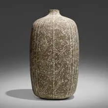 Polol vessel by Claude Conover, 1983, glazed stoneware with engobe decoration, sold Jun 2023
