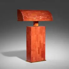 Table lamp by Karl Springer, c. 1970, lacquered tessellated faux coral stone over wood, brass, sold Jun 2023