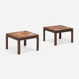 Occasional tables, pair by Harvey Probber, c. 1970, lacquered wood, fire-enameled copper, sold Jun 2023