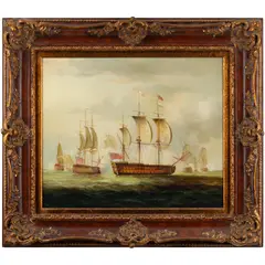 Depicting fully rigged ships of the line in a misty sea scape by Matt Thomas, oil on canvassigned l/r20in. x 24in (51cm. x 61cmFramed 30in. x 33in (76cm. x 84, offered Jun 2026
