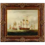 Depicting fully rigged ships of the line in a misty sea scape by Matt Thomas, oil on canvassigned l/r20in. x 24in (51cm. x 61cmFramed 30in. x 33in (76cm. x 84, offered Jun 2026