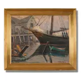 A depiction of a ship pulling into harbor. "The Adventure." by William Fisher, Oil on canvas, offered Aug 2026