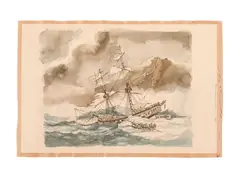 A John Mecray depiction of an American sailing vessel under duress in a storm, with flag in ensign, and crew evacuating via lifeboats by John Mecray, Watercolor and graphite on paper. An original work from the artist's private collection, offered Aug 2026