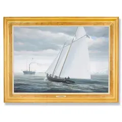 A depiction of the historical schooner "America" during the 1851 yacht sailing competition, "The America's Cup." by John Mecray, 1987, Oil and acrylic on canvas, offered Aug 2026