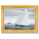 A depiction of the historical schooner "America" during the 1851 yacht sailing competition, "The America's Cup." by John Mecray, 1987, Oil and acrylic on canvas, offered Aug 2026