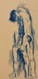 Upright Man, Stooping Boy, ca. 1932. Blue wash painting on paper. Framed. Marked with the Tchelichew Foundation stamp on the verso; Annotated in by Pavel Tchelitchew, graphite on the top right, "56"; Label affixed to the back of the, offered Aug 2026