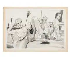 Hoods by Fred Bisonnes, 1979, Graphite on paper, mounted on board, offered Aug 2026